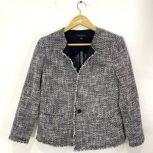 Ann Taylor navy-blue/white tweed fringe raw-edge tie-waist blazer jacket